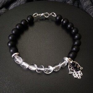 Positivity - Faith - Blessings! Hamsa Hand + Quartz - Black Stone Bracelet